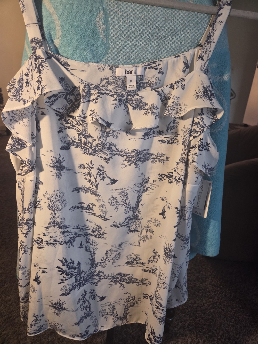 Bar III White & Navy Ruffle Toile Cami